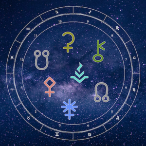 symbols for Ceres, Chiron, Pallas Athene, Vesta, Juno and the Nodes in a zodiac wheel